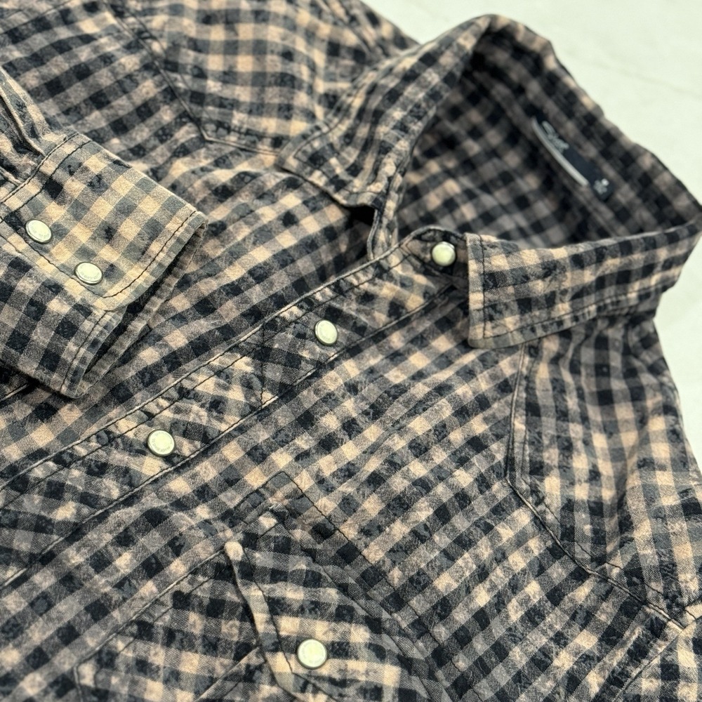 Silver Jeans Co. Mens Pearl Snap Brown/Black Checked Shirt Distress Wash MED‎